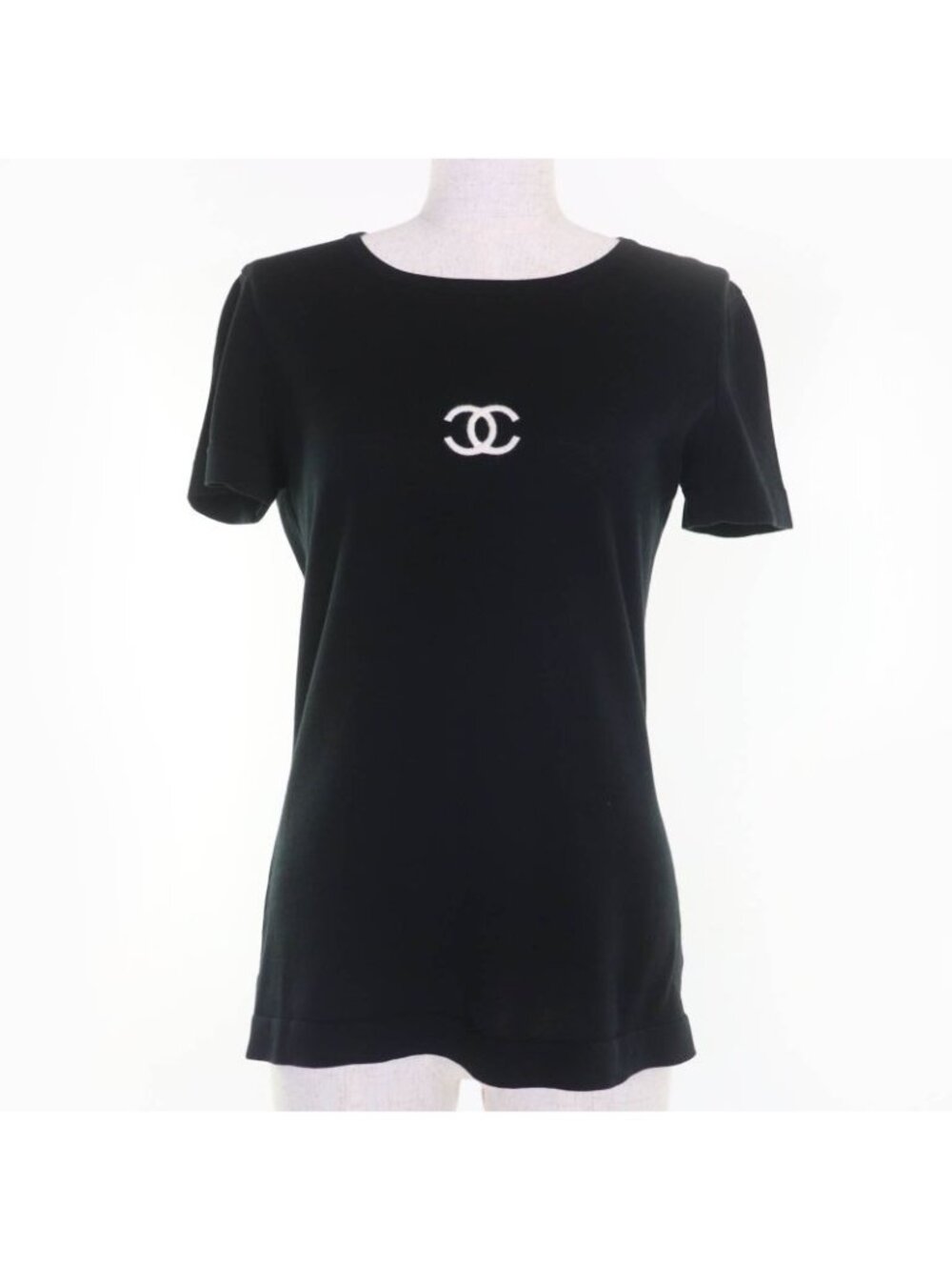 Chanel 95P Vintage 95 P 100% Cotton Coco Mark Short Sleeve Knit Top Black 38